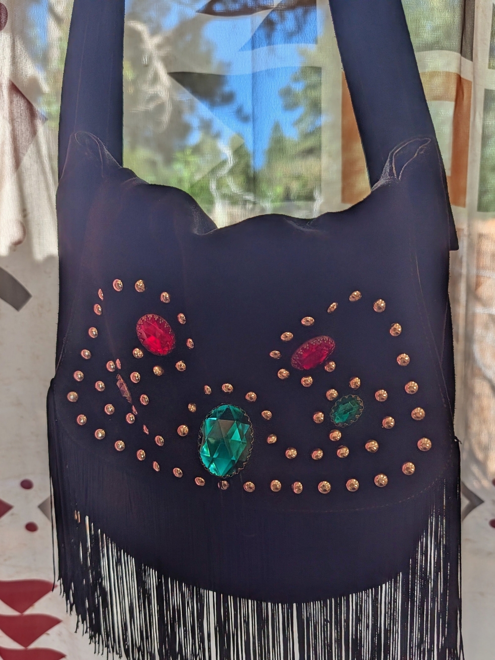 Fringe Studded Shoulder Bag with Jewel Accents - Black